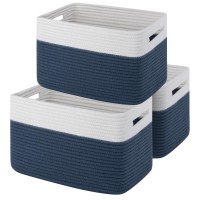 Oiahomy Storage Basket, Woven Baskets For Storage, Cotton Rope Basket For Toys,Towel Baskets For Bathroom - Pack Of 3, Blue & White