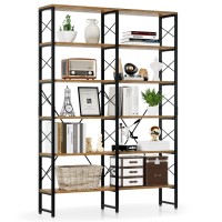 Numenn Double Wide 6 Tier Bookshelf, Open Large Book Shelves, Tall Bookcases, Shelf Storage Organizer, Wood And Metal Display Shelf For Bedroom, Living Room And Home Office, Vintage Brown