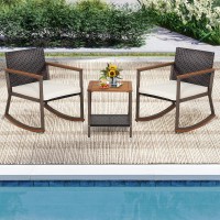Tangkula 3 Pieces Rocking Bistro Set, Outdoor Rocker Chair With Coffee Table & Cushions, Patio Rattan Furniture Conversation Set For Balcony Porch Poolside (Off White)