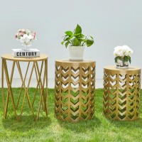 Ym Set Of 3 Gold End Tables Nesting Metal Round Coffee Table Heavy Duty Metal Plant Stand Garden Stool Outdoor Multifunction