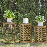 Ym Set Of 3 Gold End Tables Nesting Metal Round Coffee Table Heavy Duty Metal Plant Stand Garden Stool Outdoor Multifunction