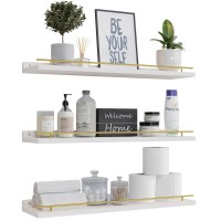 Wopitues Floating Shelves 24 Inch With Gold Metal Guardrail Shelves For Wall Decor Set Of 3 Wall Shelves For Bedroom Bathroom