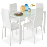 Best Choice Products 5-Piece Glass Dining Set, Modern Kitchen Table Furniture For Dining Room, Dinette, Compact Space-Saving W/Glass Tabletop, 4 Upholstered Pu Chairs, Metal Steel Frame - White