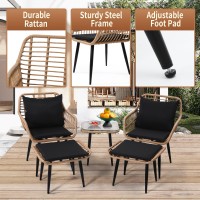 Krofem Outdoor Wicker Chairs And Table Bistro Conversation Furniture Set, 5 Pieces With Ottoman For Porch, Balcony, Deck, Patio, Backyard, Natural Color