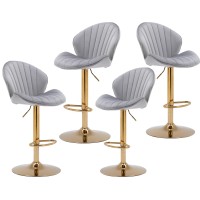 Cimota Adjustable Height Gold Bar Stools Set Of 4 Swivel Bar Chairs Modern Barstools With Shell Shape Back Kitchen Stools For Island/Home Bar/Counter, (Gold Base/Velvet Grey)