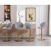Cimota Adjustable Height Gold Bar Stools Set Of 4 Swivel Bar Chairs Modern Barstools With Shell Shape Back Kitchen Stools For Island/Home Bar/Counter, (Gold Base/Velvet Grey)