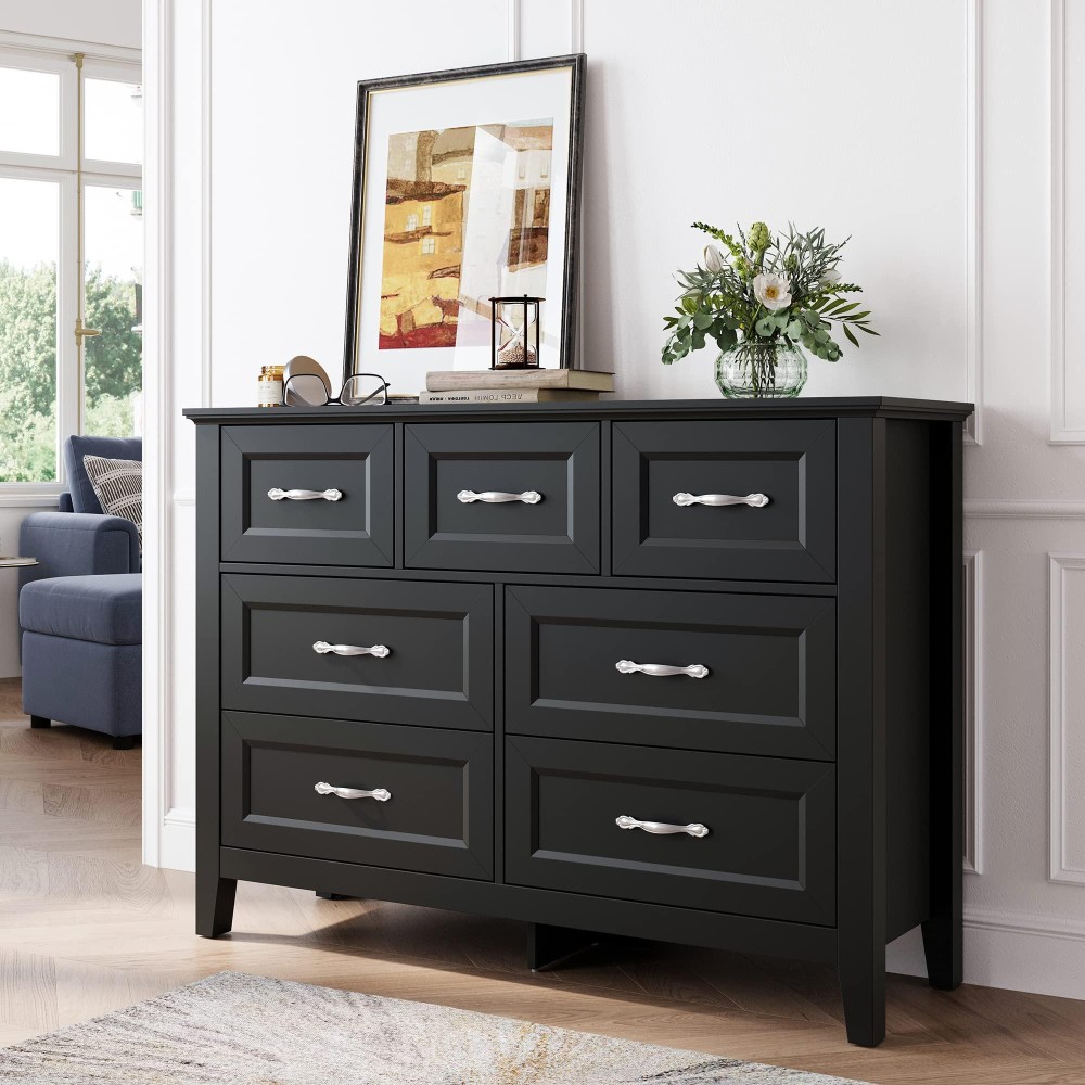 Linsy Home Black Dresser For Bedroom Long Dresser With 7 Drawers Wood Chest Of Drawers With Metal Handles Ideal For Living Ro