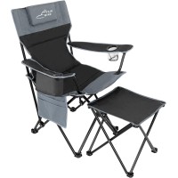 Fair Wind Oversized Fully Padded Camping Lounge Chair With Footrest, Stool Set, Heavy Duty Quad Folding Arm Chair With Cooler Bag And Headrest - Support 300 Lbs (Black Grey)