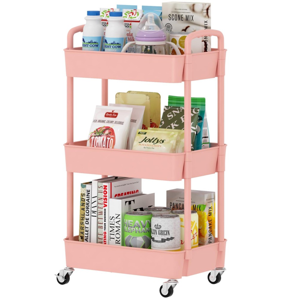 Sywhitta 3-Tier Plastic Rolling Utility Cart With Handle, Multi-Functional Storage Trolley For Office, Living Room, Kitchen, Movable Storage Organizer With Wheels, Pink