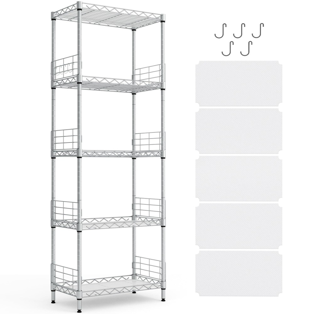 Linsy Home Upgrade 5Tier Storage Shelves Height Adjustable Pantry Shelves With 5 Hooks Shelf Liners Metal Shelves For Stora