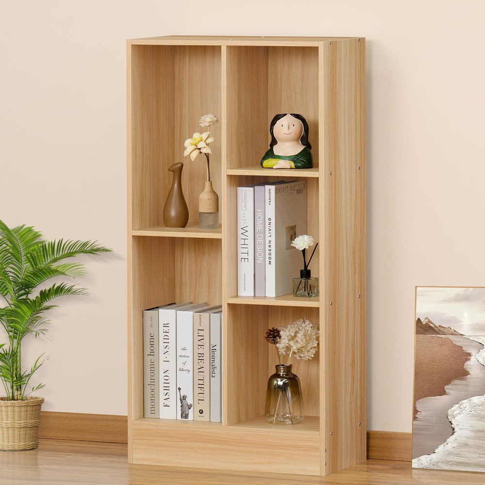 Leyaoyao 5 Cube Midcentury Modern Natural Wood Bookshelf With Base 3 Tier Storage Organizer Shelf Rustic Wood Display Cabinet