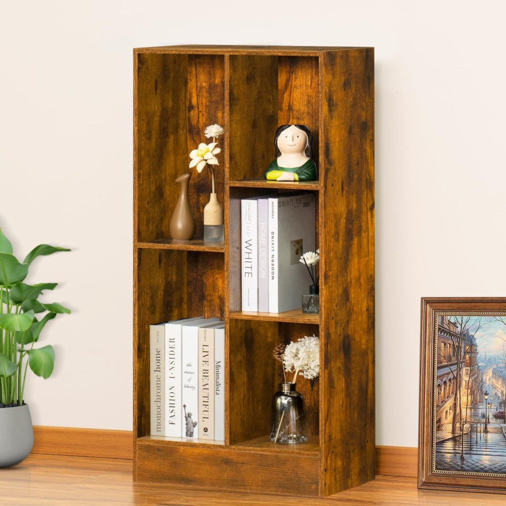 Leyaoyao 5 Cube Midcentury Modern Brown Wood Bookcase 3 Tier Storage Organizer Shelf Rustic Display Cabinet For Bedroom Livi