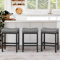 Lue Bona Bar Stools Set Of 2 24 Inch Saddle Square Counter Height Bar Stools For Kitchen Island Modern Backless Faux Leather C