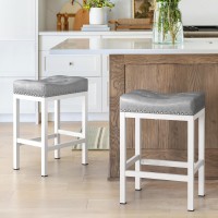 Lue Bona Bar Stools Set Of 2 24 Inch Saddle Square Counter Height Bar Stools For Kitchen Island Modern Backless Faux Leather C