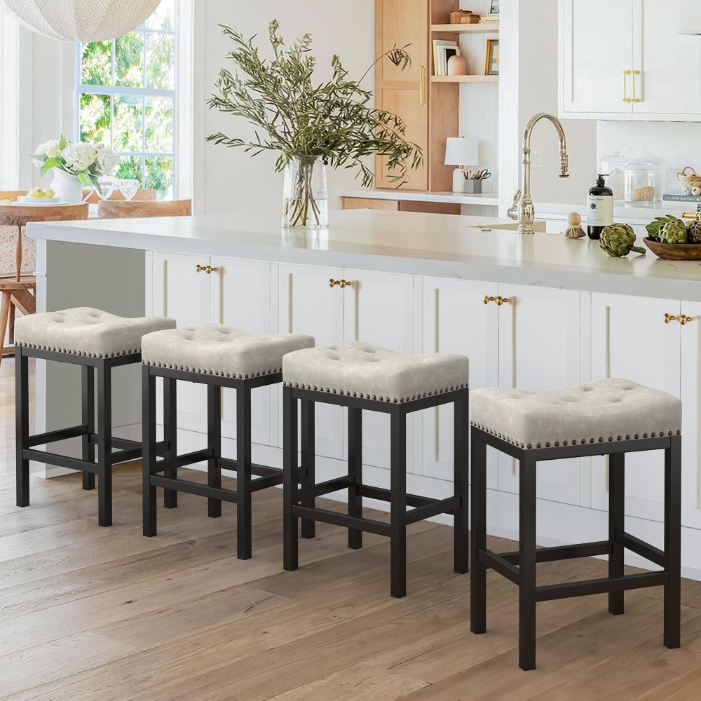 Lue Bona Counter Height Bar Stools 24 Inch Saddle Backless Bar Stools Set Of 4 For Kitchen Counter Faux Leather Counter Stools