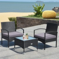 Costway 3 Pcs Patio Wicker Conversation Set, Pe Rattan Sofa With Tempered Glass Coffee Table, 2 Chairs, 2 Cushions, Outdoor Patio Furniture Set For Yard Porch Bistro Balcony Backyard Pool, Grey