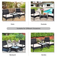 Costway 3 Pcs Patio Wicker Conversation Set, Pe Rattan Sofa With Tempered Glass Coffee Table, 2 Chairs, 2 Cushions, Outdoor Patio Furniture Set For Yard Porch Bistro Balcony Backyard Pool, White
