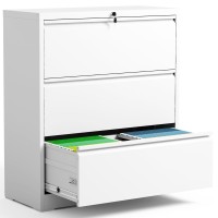 Bizoeiron 3 Drawer Lateral File Cabinet With Lock, Metal Filing Cabinets For Home Office, Steel Storage Wide File Cabinet For Letter/Legal/F4/A4 Size With Hanging Bars(White)