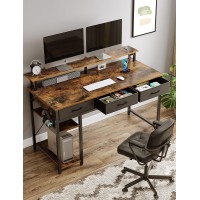 Rolanstar Computer Desk With Power Outlets & Led Light  55 Inch Home Office Desk With 3 Drawers And Storage Shelves  Writing Desk With Monitor Stand  Work Desk For Home Office Rustic Brown