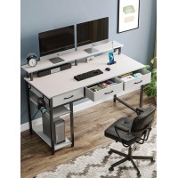 Rolanstar Computer Desk With Power Outlets & Led Light  55 Inch Home Office Desk With Drawers And Storage Shelves  Writing Desk With Monitor Stand  Modern Work Study Desk For Home Office  White