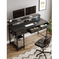 Rolanstar Computer Desk With Power Outlets & Led Light  55 Inch Home Office Desk With 3 Drawers And Storage Shelves  Writing Desk With Monitor Stand  Modern Work Desk For Home Office  Carbon Black