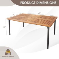 Tangkula Patio Acacia Wood Dining Table For 6 Persons, Large Rectangular Dining Table With Metal Legs, Umbrella Hole, Farmhouse Indoor Outdoor Dining Furniture For Yard Deck Lawn, 63?? X 36?? X 30??