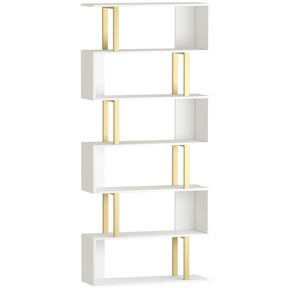Yusong Geometric Bookcase, S Shaped Bookshelf 6-Tier Book Shelves For Bedroom, Modern Wood Decorative Display Shelf Tall Book Case For Home Office, Gold And White
