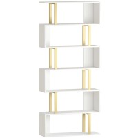 Yusong Geometric Bookcase, S Shaped Bookshelf 6-Tier Book Shelves For Bedroom, Modern Wood Decorative Display Shelf Tall Book Case For Home Office, Gold And White