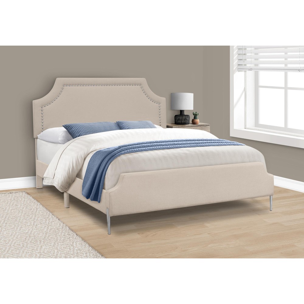 Bed Queen Size Bedroom Frame Upholstered Beige Linen Look Chrome Metal Legs Transitional