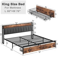 Likimio King Size Bed Frame, Storage Headboard With Charging Station, Platform Bed With Drawers, No Box Spring Needed, Easy Assembly, Vintage Brown And Gray