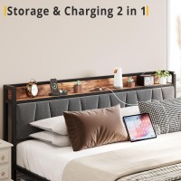 Likimio King Size Bed Frame, Storage Headboard With Charging Station, Platform Bed With Drawers, No Box Spring Needed, Easy Assembly, Vintage Brown And Gray