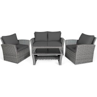 Costway 4 Pieces Patio Rattan Furniture Set, Outdoor Wicker Sofa Set With Tempered Glass Coffee Table, Cushions, All Weather Rattan Conversation Set For Yard Balcony Backyard Pool, Grey