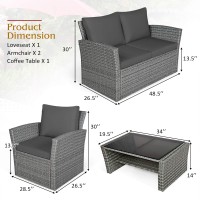 Costway 4 Pieces Patio Rattan Furniture Set, Outdoor Wicker Sofa Set With Tempered Glass Coffee Table, Cushions, All Weather Rattan Conversation Set For Yard Balcony Backyard Pool, Grey