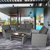 Costway 4 Pieces Patio Rattan Furniture Set, Outdoor Wicker Sofa Set With Tempered Glass Coffee Table, Cushions, All Weather Rattan Conversation Set For Yard Balcony Backyard Pool, Grey