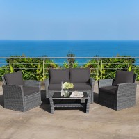 Costway 4 Pieces Patio Rattan Furniture Set, Outdoor Wicker Sofa Set With Tempered Glass Coffee Table, Cushions, All Weather Rattan Conversation Set For Yard Balcony Backyard Pool, Grey