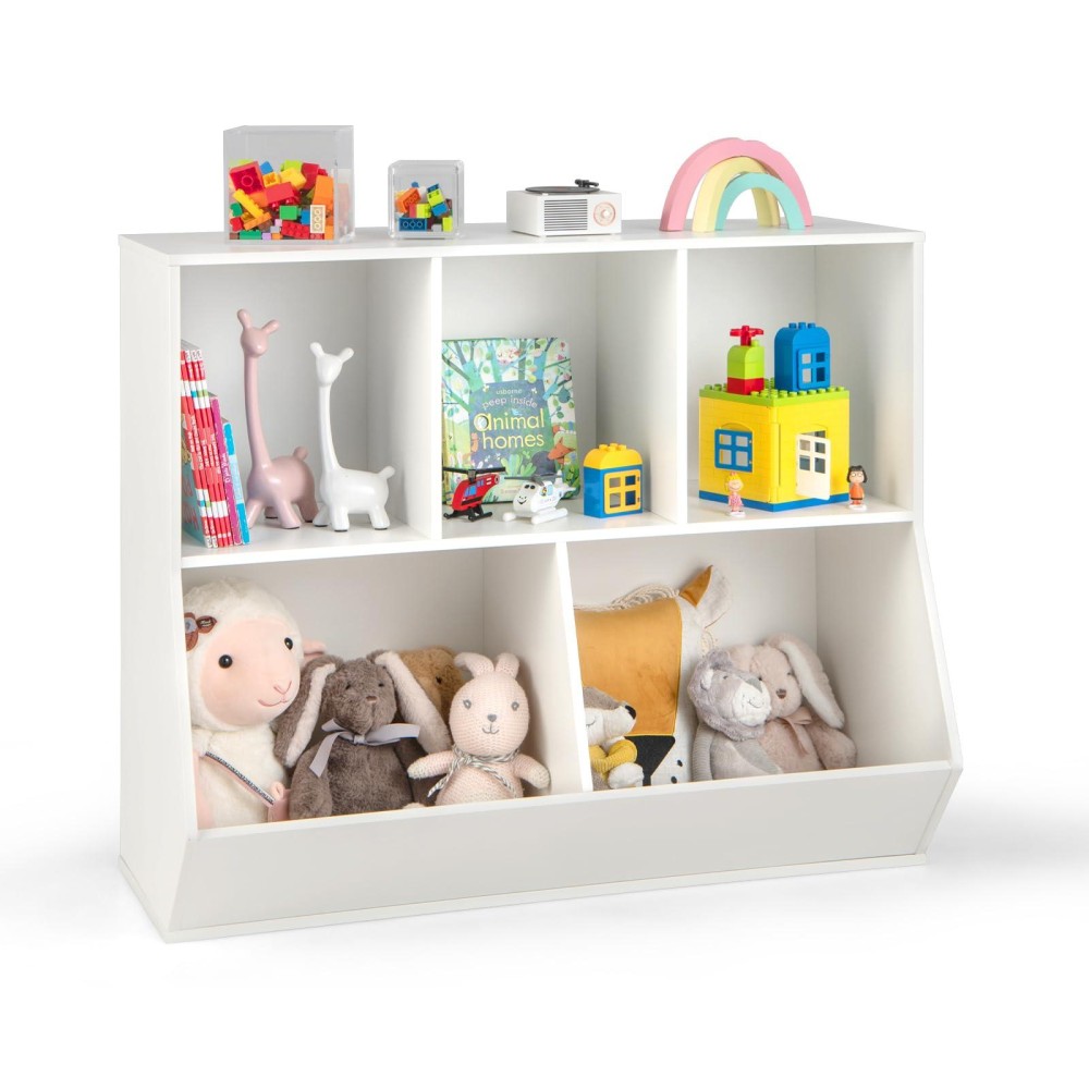 Costzon Toy Organizers And Storage With Bookshelf, Wooden 5 Cubby Childrens Book Shelf Toy Storage Cabinet Bookcase For Kids Room, Playroom, Kindergarten, Nursery (White)