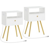 Hoobro Nightstand Set Of 2 With Charging Station, End Table With Usb Ports And Outlet, Side Table For Tight Spaces, Solid And Stable, For Office, Bedroom, Study, White And Gold Dw88Ubzp201