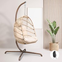 Radiara Foldable Wicker Rattan Hanging Egg Chair With Stand, Swing Chair With Cushion And Pillow, Lounging Chair For Indoor Outdoor Bedroom Patio Garden (Beige With Cover&Stand)