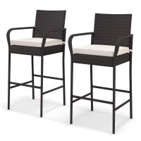 Tangkula Patio Wicker Barstools Set Of 2, Outdoor Pe Rattan Bar Chairs With Armrests & Soft Cushions, Stable Metal Frame, 400 Lbs Max Load, Mix Brown Pe Wicker Bar Chairs For Porch, Backyard