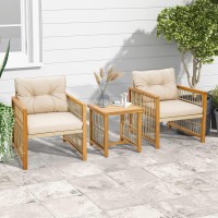 Tangkula 3 Pieces Acacia Wood Patio Furniture Set, Pe Wicker Bistro Set With Cushioned Chairs And Coffee Table, Outdoor Conversation Set For Porch, Deck, Balcony, Backyard (Beige)