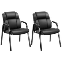 Edx Leather Waiting Room Chairs With Padded Arms Set Of 2 - Executive Office Reception Guest Chair No Wheels For Conference Room Lobby Side, Black