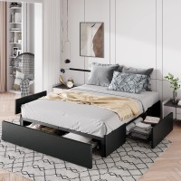 Allewie Full Size Platform Bed Frame With 3 Storage Drawers Faux Leather Upholstered Wooden Slats Support No Box Spring Neede