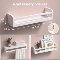 Boswillon Dual-Guard Nursery Book Shelves Set Of 4, Wood Floating Shelves For Nursery Room Wall Decor, Wall Mount Kids Bookshelf For Baby Bedroom Storage, Toddler Toy Hanging Wall Organizer - White