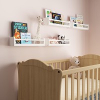 Boswillon Dual-Guard Nursery Book Shelves Set Of 4, Wood Floating Shelves For Nursery Room Wall Decor, Wall Mount Kids Bookshelf For Baby Bedroom Storage, Toddler Toy Hanging Wall Organizer - White