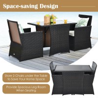 Kotek 3 Piece Outdoor Dining Set, Pe Rattan Dining Table & Chairs Set With Tempered Glass Top & Cushions, Wicker Conversation Set, Patio Bistro Set For Backyard Garden Porch (White)