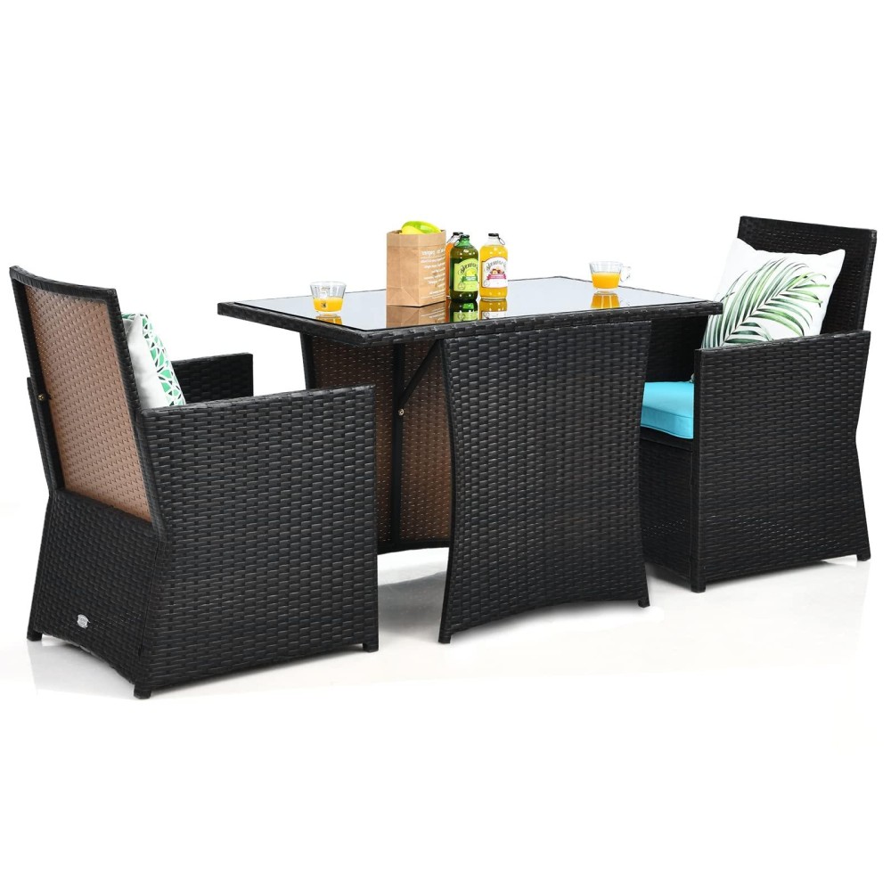 Kotek 3 Piece Outdoor Dining Set, Pe Rattan Dining Table & Chairs Set With Tempered Glass Top & Cushions, Wicker Conversation Set, Patio Bistro Set For Backyard Garden Porch (Turquoise)