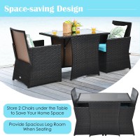 Kotek 3 Piece Outdoor Dining Set, Pe Rattan Dining Table & Chairs Set With Tempered Glass Top & Cushions, Wicker Conversation Set, Patio Bistro Set For Backyard Garden Porch (Turquoise)