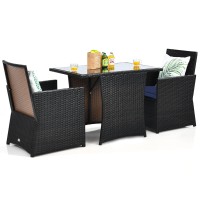 Kotek 3 Piece Outdoor Dining Set, Pe Rattan Dining Table & Chairs Set With Tempered Glass Top & Cushions, Wicker Conversation Set, Patio Bistro Set For Backyard Garden Porch (Navy)