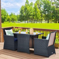 Kotek 3 Piece Outdoor Dining Set, Pe Rattan Dining Table & Chairs Set With Tempered Glass Top & Cushions, Wicker Conversation Set, Patio Bistro Set For Backyard Garden Porch (Navy)