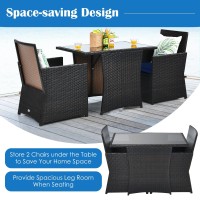 Kotek 3 Piece Outdoor Dining Set, Pe Rattan Dining Table & Chairs Set With Tempered Glass Top & Cushions, Wicker Conversation Set, Patio Bistro Set For Backyard Garden Porch (Navy)